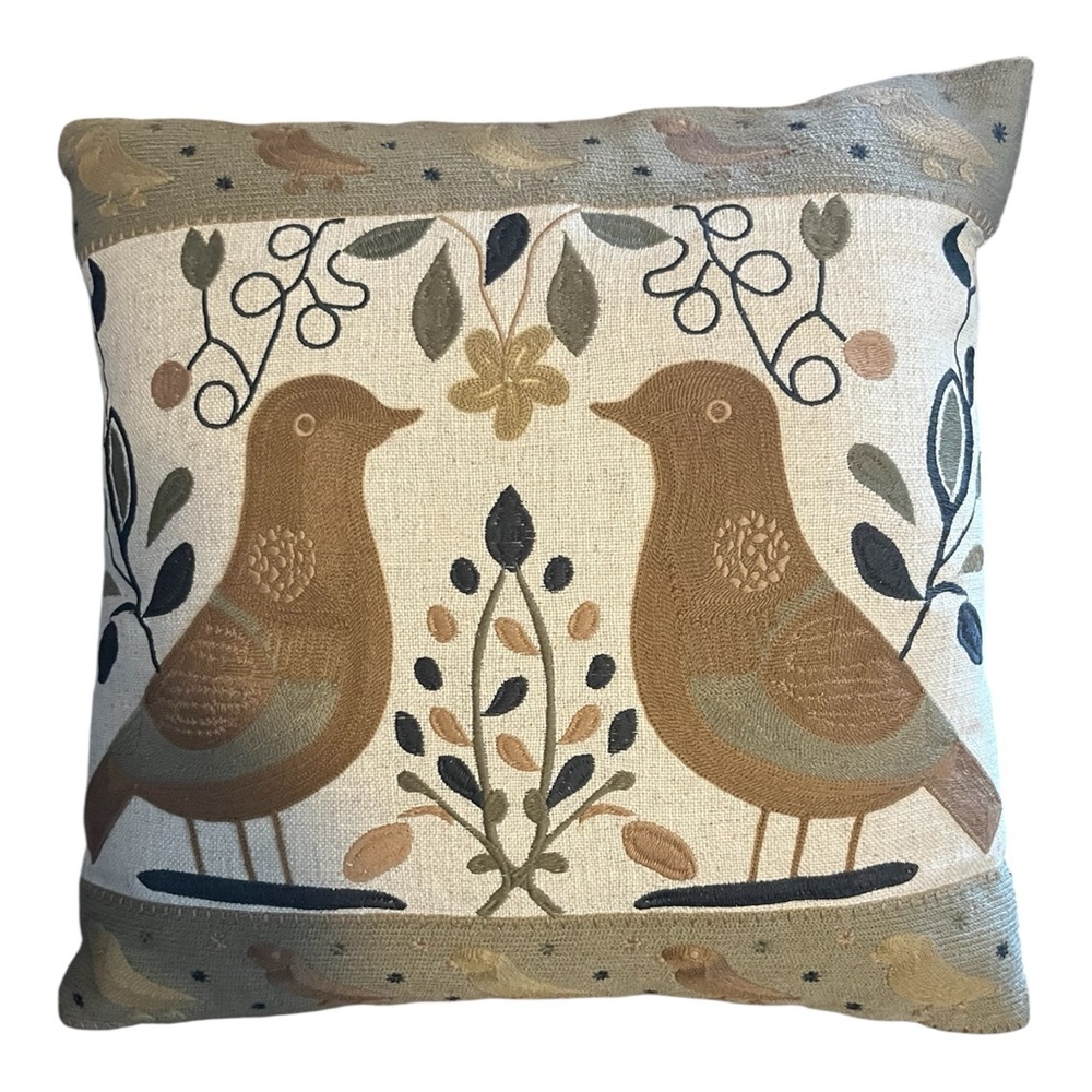 Hello Honey Embroidered Bird Earth Tone 18” Pillow New